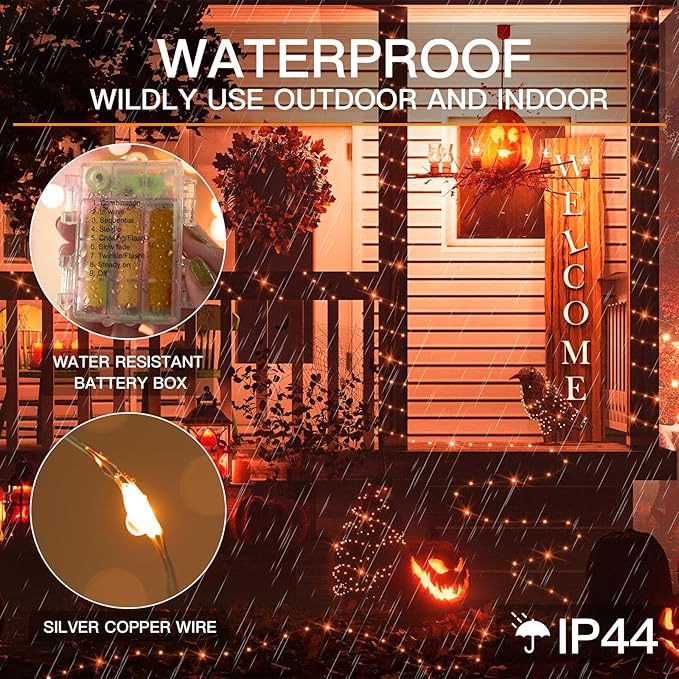 suddus Halloween Lights Battery Operated, 33ft 100 LED Orange String Lights for Outside Decorations Waterproof, Fairy Lights with Timer and Remote for Party, Yard, Outdoor, Tree, Wedding, Rroom Decor