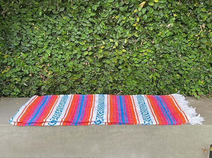 Del Mex Classic Mexican Blanket, Large Authentic Woven Falsa Throw (70"x50"), Artisan Southwest Décor for Beach, Yoga, Outdoors (Orange/Pink/Blue)