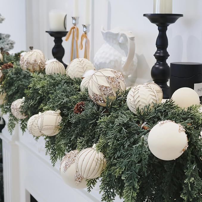 4inch Velvet Ornaments for Christmas Tree, 9PCS Glitter Flocked Christmas Ornaments Decorations Balls Set Decor Beige