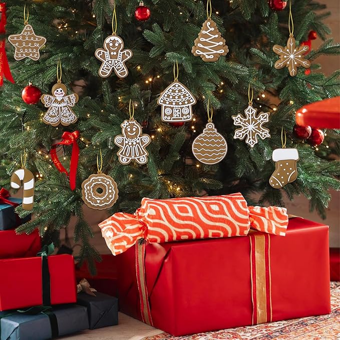 12pcs Christmas Gingerbread Man Ornaments, Assorted Gingerbread Figurines Decorations with Gingerbreads House Snowflake Ornaments for Xmas Tree Winter Crafts Holiday Home Party Decor Indoor