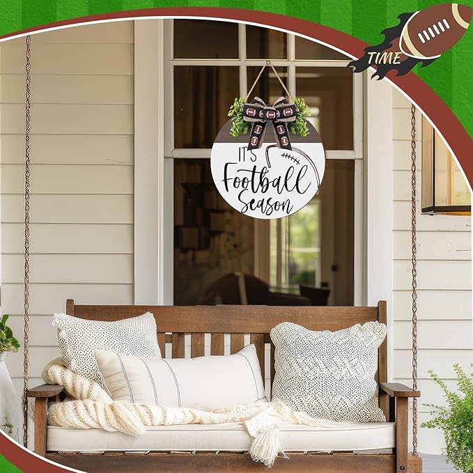 Hello Fall Football Sign for Front Door Thanksgiving Wooden Hanging Sign Fall Welcome Wreaths with Bow Turkey Farmhouse Wall Decoration for Home Autumn Harvest Front Porch Decor(Season)