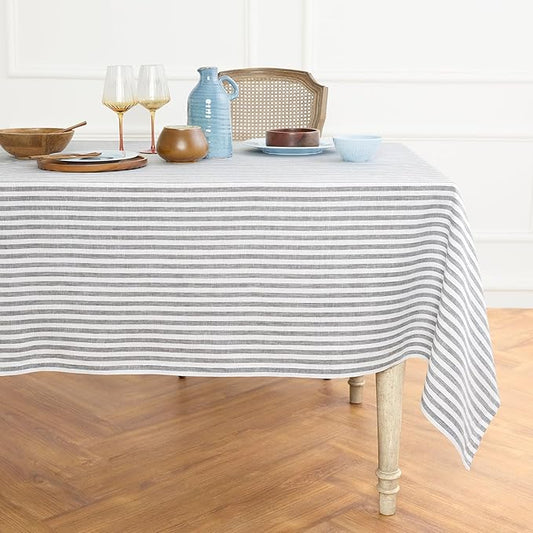 Solino Home Linen Tablecloth 60 x 120 Inch - Amalfi Stripe 100% Pure Linen Grey and White Table Cloth for Rectangle Tables - Machine Washable Fabric Tablecloth for Fall, Autumn