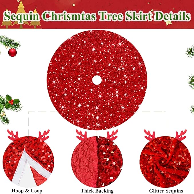 MODFUNS Sequin Christmas Tree Skirt Red Tree Skirt 46 Inch Sparkly Christmas Tree Skirt Thick Velvet Tree Mat Large Sequins Tree Skirts Collar Shimmer Tree Skirts for Christmas New Year Party