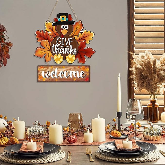 Thanksgiving Decoration Turkey Wooden Door Sign Hanging Fall Harvest Welcome Decor Turkey Sign for Front Door Hanger Fall Decor for Home Thanksgiving Party Wall Signs