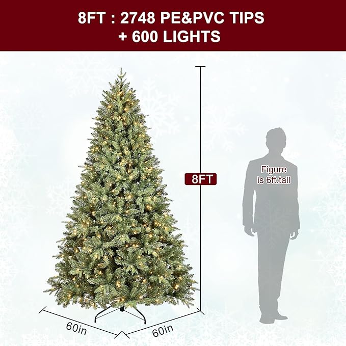 8FT Pre-Lit Artificial Christmas Tree with 2748 PE&PVC Mixed Branch Tips, 600 Warm White Lights, Hinged Premium Spruce Fake Xmas Trees, Green, Foldable Base