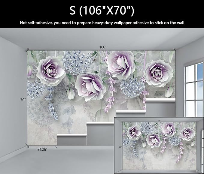 WFBHUA-Purple Rose Floral 3D Wallpaper Mural Modern Flower Leaf Wallpaper for Bedroom Wall Murals Decoration(Not Peel and Stick)