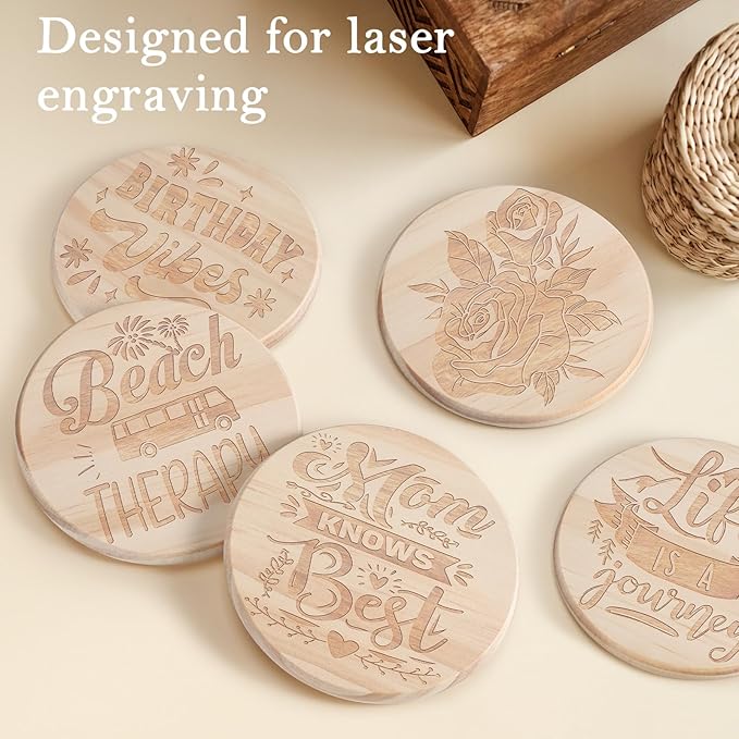 24 Pieces Unfinished Wood Coasters, GOH DODD 4 Inch Wooden Blanks with Non-Slip Pads for Laser Engraving Wood Burning Staining Painting Decoupage Housewarming Gifts Wedding Crafts Education, Round