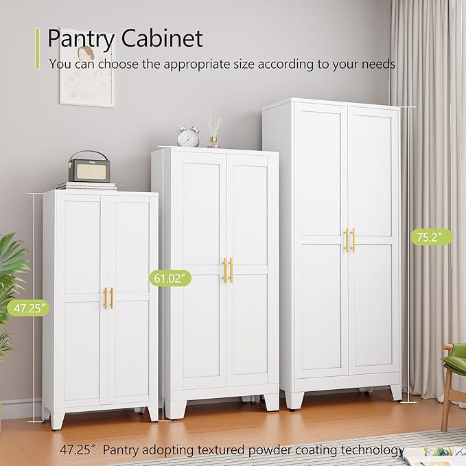 Metal Pantry Cabinet, Kitchen Pantry Storage Cabinets with 2 Door and 3 Adjustable Shelves, White Kitchen Pantry Cabinet, Freestanding Cupboard for Dining Room Living Room Bathroom