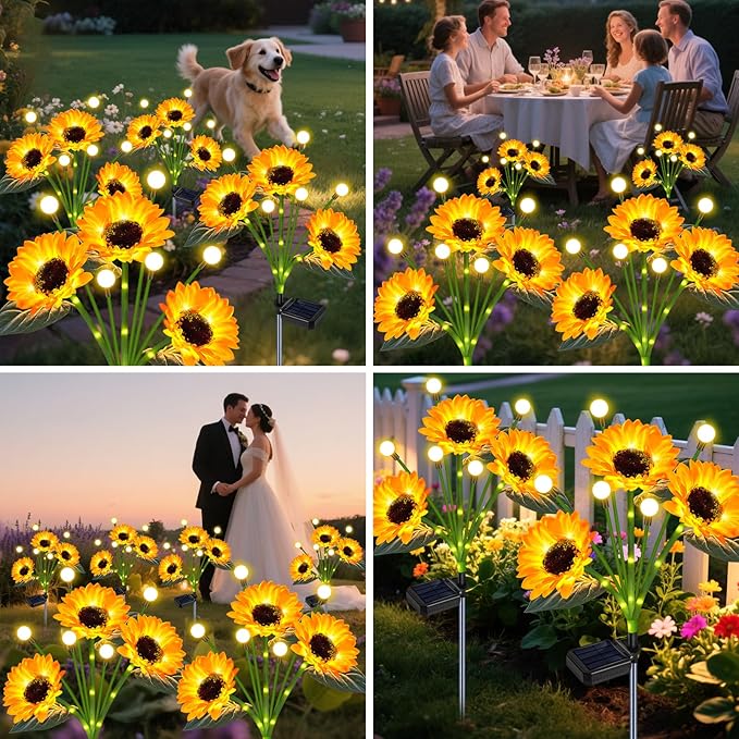 Solar Sunflower Lights Outdoor Waterproof - 6 Pack Solar Powered Sunflowers with Firefly Solar Lights for Garden Lawn Decor