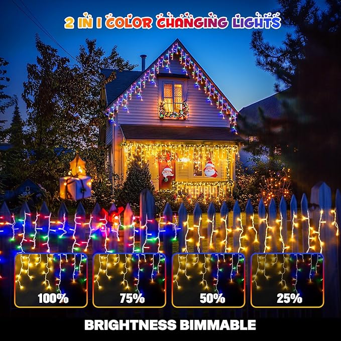 JMEXSUSS Color Changing Outdoor Waterproof Icicle Lights, 400 LED with Remote, Warm White to Multicolor for Christmas Eaves Party Decorations