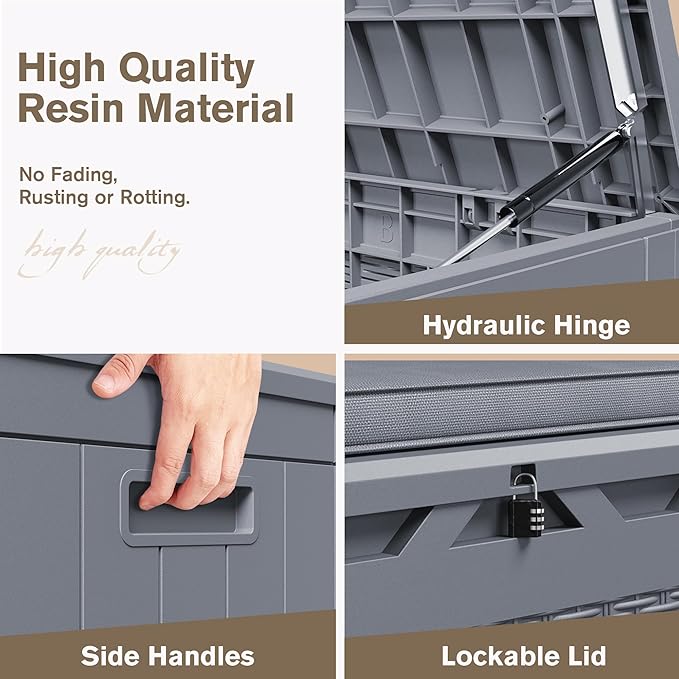 JUMMICO 100 Gallon Resin Deck Box with Cushion, Waterproof Outdoor Storage Box with Lockable Lid for Garden Tools, Patio Cushions (Gray)