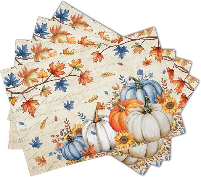 Fall Pumpkin Maple Leaf Placemats Set of 4 Vintage Rustic Autumn Thanksgiving Harvest Place Mats 12x18 Inch Seasonal Washable Table Mats for Party Kitchen Dining Decoration