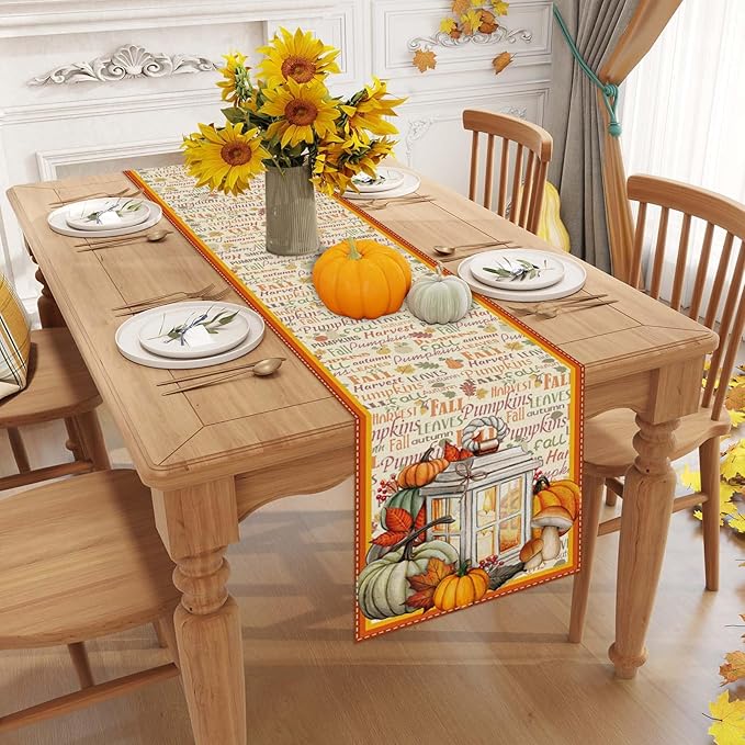 Linen Fall Table Runner - 72 Inch Farmhouse Leaves Pumpkin Table Decor Autumn Thanksgiving Home Kitchen Dining Room Decorations