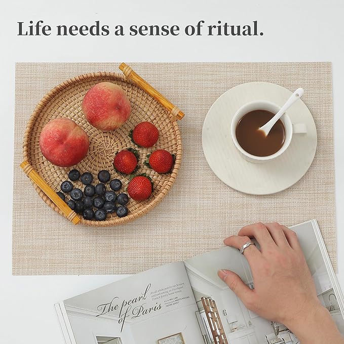 Leetaltree Beige Placemats Set of 8 - Heat Resistant Non-Slip Place mats for Dining Table, Washable Durable PVC Vinyl Woven Table Mats（Beige, 8）