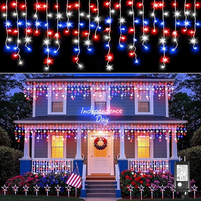 Red White and Blue Lights for 4th of July Decor, 66ft Icicle Lights for Outside Independence Day Decoration, 640 LED Christmas Light Outdoor Indoor with 120 Drops Clear Wire Connectable for Holiday