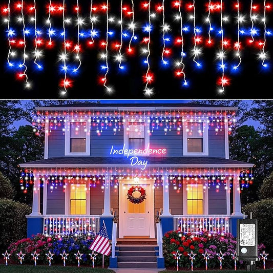 Red White and Blue Lights for 4th of July Decor, 33ft Icicle Lights for Outside Independence Day Decoration, 400 LED Christmas Light Outdoor Indoor with 120 Drops Clear Wire Connectable for Holiday