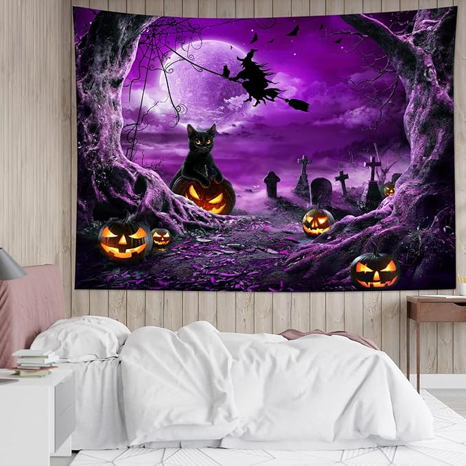 LB Halloween Tapestry Horror Witch Cat and Dead Tree Pumpkin Lights with Spooky Graveyard Tapestry Wall Hanging Purple Full Moon over Misty Forest Wall Decor for Bedroom Living Room Dorm 60x40 Inches