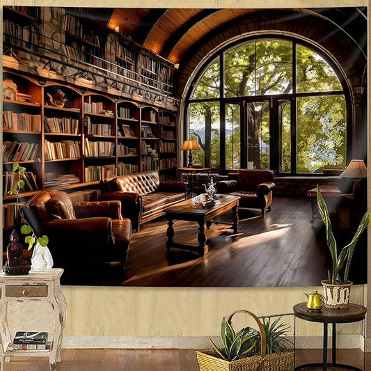 dueeia Book Library Tapestry Wall Hanging Medieval Bookshelf Vintage Window Bookcase Backdrop Wall Decor for Bedroom Aesthetic Living Room Office (90.6"x70.9")