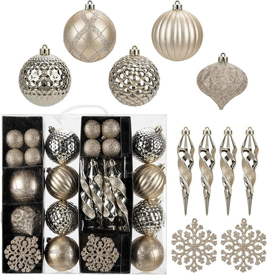 50PCS Christmas Tree Ornaments Set with Shatterproof Balls Icicle Snowflake Hanging Ornaments for Home Office Farmhouse Christmas Decorations, Champagne