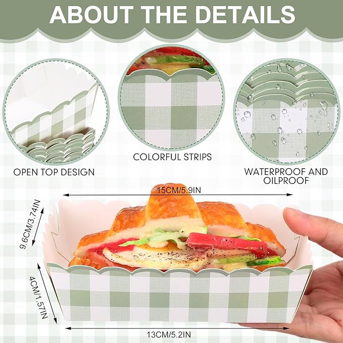 48 Pcs Gingham Party Supplies Sage Green Gingham Paper Food Trays Green and White Nacho Boat Trays Disposable Snack Holder for Spring Birthday Party Baby Shower Bridal Wedding Supplies
