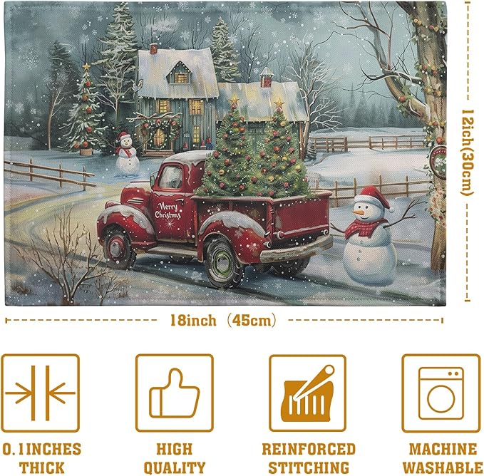 Red Truck Xmas Tree Snowman Christmas Placemats Set of 4 Winter Snowflake Vintage Farmhouse Rustic Place Mats 12x18 Inch Seasonal Christmas Holiday Washable Table Mats for Party Kitchen Dining Decor