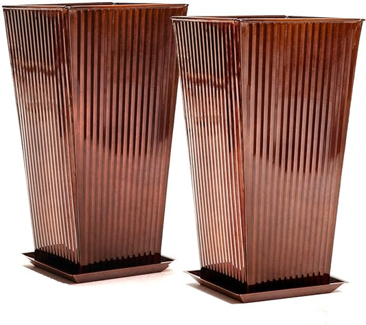 22in Vintage Handmade Metal Vertical Lines Copper Tapered Planters,Planter Box with Drainage Holes and Saucer -Set of 2, Galvanized Steel Planter for Indoor/Outdoor/Porch/Garden