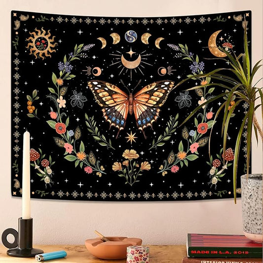 Lunerfex Boho Butterfly Tapestry Flower Moon Wall Tapestry, Moon Phases Tapestries for Bedroom Cute Tapestries Wall Hanging for Bedroom Living Room Decor Butterfly-1 60"x80"