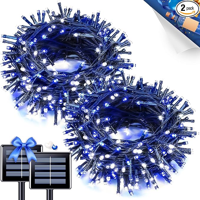 JMEXSUSS 2 Pack Blue & White Solar String Lights, Each 100 LED 33ft, Waterproof, 8 Modes for Outside Garden Patio Party Decoration
