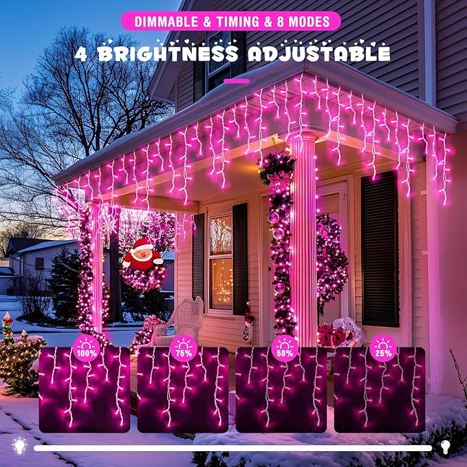 JMEXSUSS 400 LED Pink Christmas Icicle Lights, Connectable Pink Christmas Lights Indoor Outdoor with Remote, Icicle String Light for Room Fireplace Garden Eave Decorations