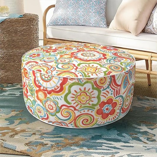 Inflatable Ottoman Stool D21 xH9 for Outdoor/Indoor Use, Water Repellent Patio Foot Rest Stool with Portable Handle,Round Pouf Ottoman Suitable for Garden,Deck and Camping - Flower Red