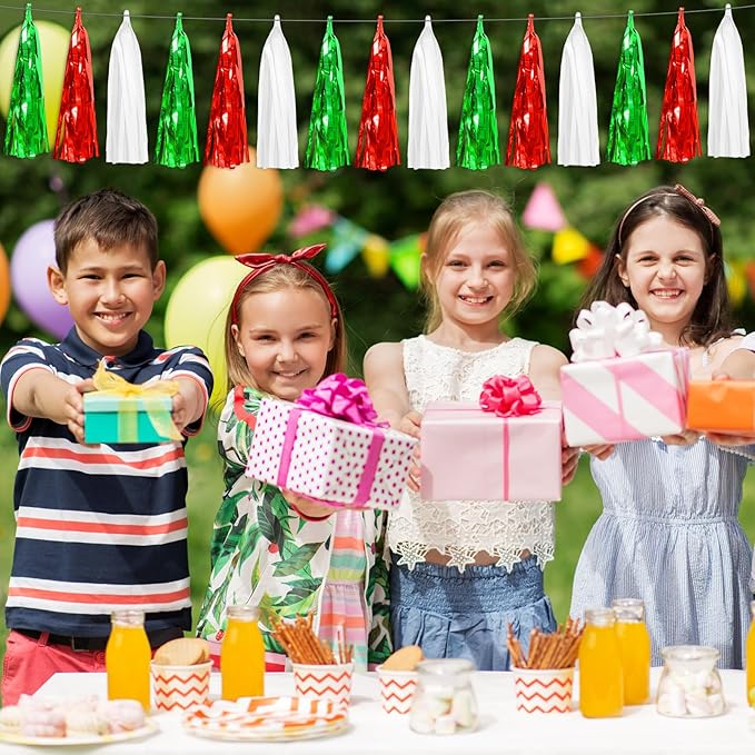 4P Red Green White Foil Fringe Metallic Tassel Streamers Banner Tassel Garland for Parade Floats, Graduation, Wedding, Birthday, Halloween, Christmas, Mexican Italian Birthday Party Decorations