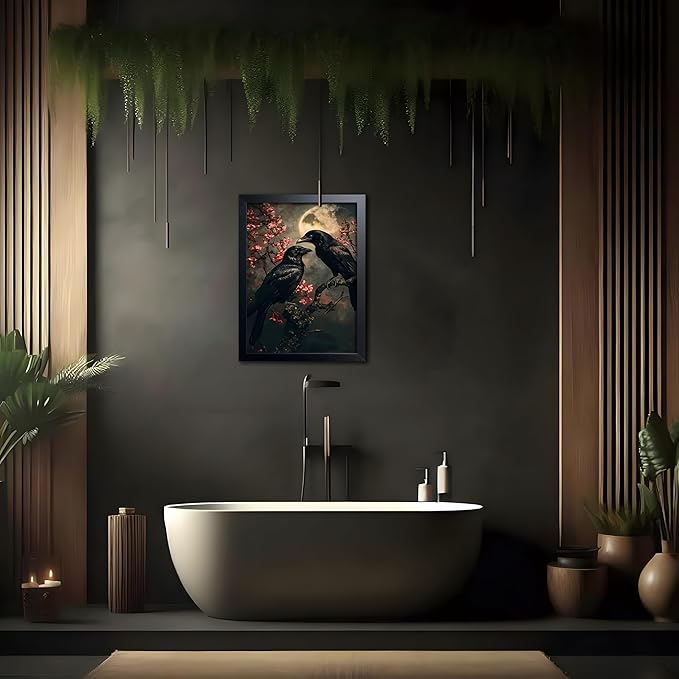 Black Wood Framed Halloween Canvas Wall Art Painting, Vintage Black Crow Cherry Blossom Wall Decor Picture, Dark Academia Gothic Poster Print Photo for Living Room Bedroom Office Decor 12x16 Inch