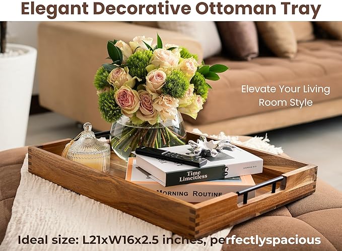 Acacia Wooden Ottoman Tray for Living Room – 21" Large Coffee Table Serving Tray with Handles & 6 Coasters Set, Perfect for Food, Drinks, Kitchen, and Home Decor