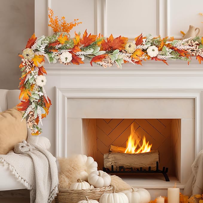 GENMOUS 6ft Thanksgiving Fall Garlands, Pumpkins Maple Leaves Autumn Wreaths for Front Door, Fall Decor, Porch Wall, Home Outdoor Holiday Decorations