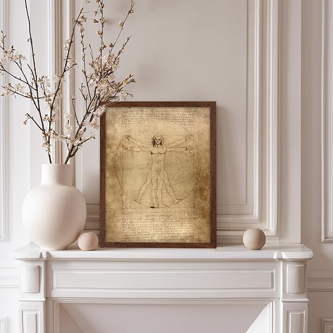 Poster Master Classic Leonardo Da Vinci Poster - Vintage Renaissance Print - Gift for Artist, Friend - Vitruvian Man, Proportion, Symmetry, Human Body - Wall Decor for Office, 8x10 Brown Framed