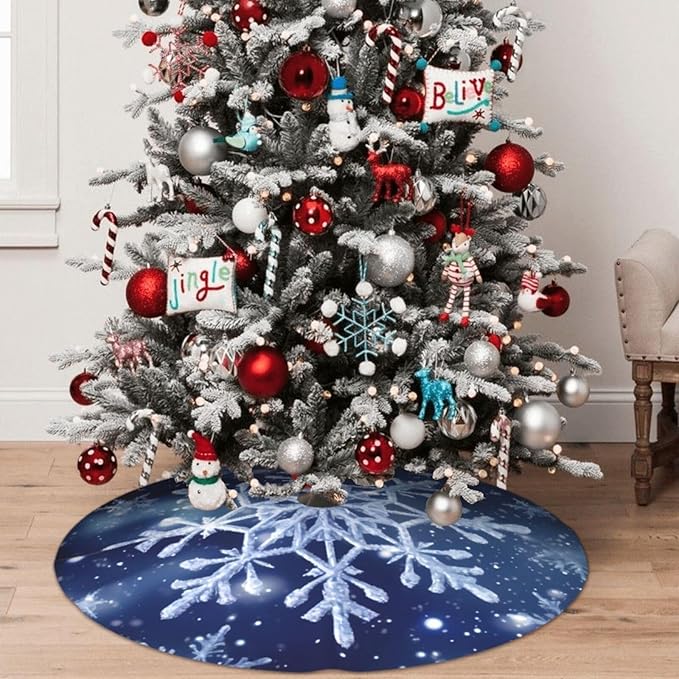 48" Blue Snowflakes Christmas Tree Skirt Large Tree Mat Base Cover for Xmas Festive Holiday Party Decoration Ornaments
