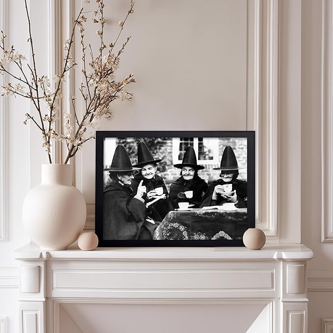 Poster Master Classic Photograph Poster - Vintage Halloween Print - Gift for Artist, Friend - Witches Tea Party, Old Women Smiling, Wearing Robes - Wall Decor for Living Room, 8x10 Black Framed