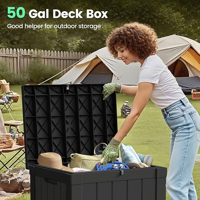 50 Gallon Storage Box, Waterproof Deck Box for Indoor & Outdoor Use, Lockable Pool Storage Bin for Package Delivery, Outdoor Bench for Patio Cushions, Garden Tools, Backyard, Black