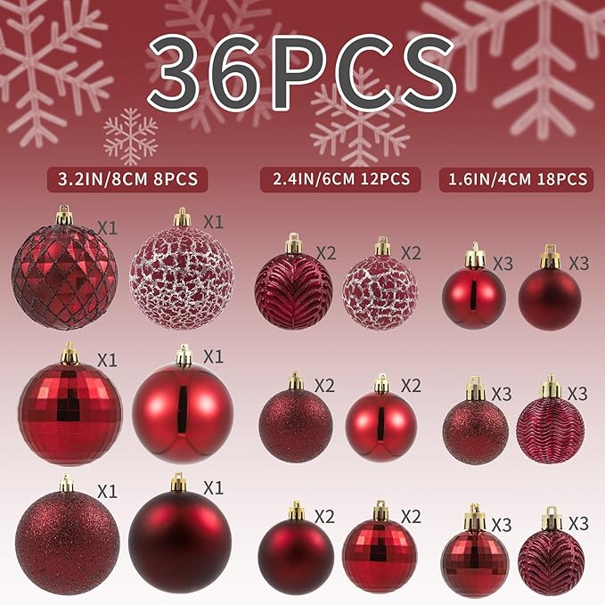 LANGXUN 36pcs Wine Red Christmas Tree Decorations Balls, Bolas De Navidad, 2025 Christmas Decor, Indoor Outdoor Shatterproof Christmas Ornaments, Xmars Party Wedding Suppiles