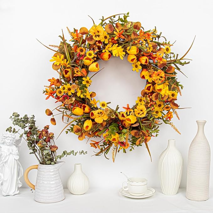 22 Inches Fall Wreaths for Front Door Rustic Autumn Wreath Farmhouse Fall Floral Wreaths with Tulips Orange Wildflowers for Wall Window Porch Indoor Outside