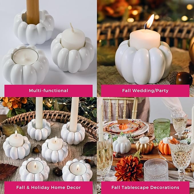 Kate Aspen 2-in-1 White Pumpkin Candlestick Holders, Taper Candle, Tealight & Votive Candle Holders (Set of 6), Dining Table Decor, Shelf Decor, Centerpiece