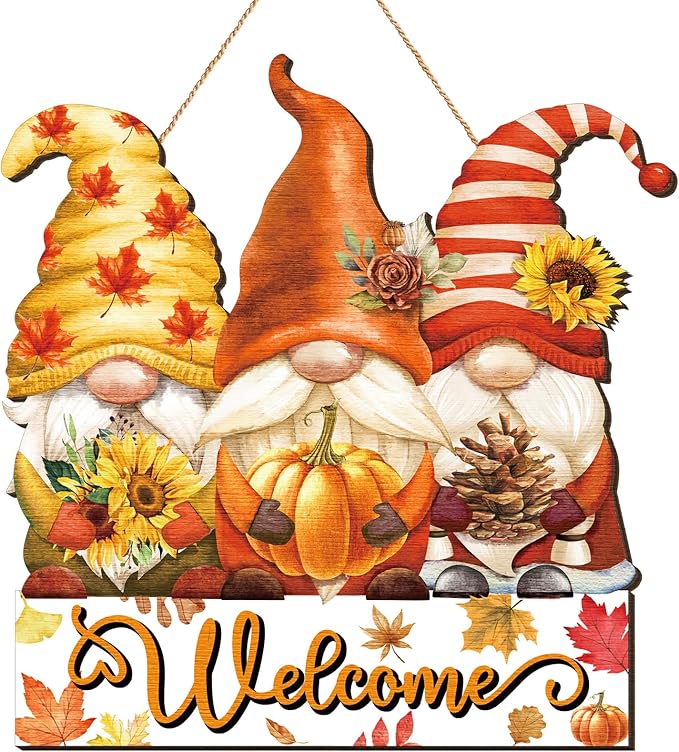 Boao Fall Welcome Sign Gnome Hanging Door Decor Thanksgiving Wooden Sign Autumn Door Decorations Pumpkin Maple Leaves Hanger for Outdoor Farmhouse Porch