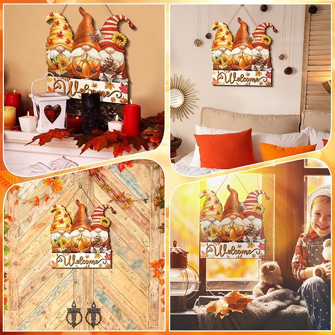 Boao Fall Welcome Sign Gnome Hanging Door Decor Thanksgiving Wooden Sign Autumn Door Decorations Pumpkin Maple Leaves Hanger for Outdoor Farmhouse Porch