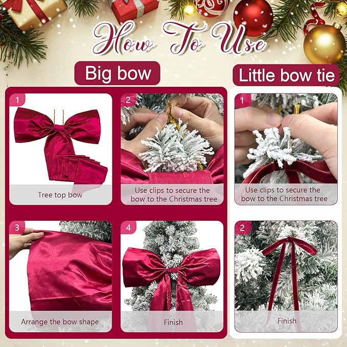 OurWarm Christmas Tree Topper Bow with Long Ribbon, 27.5 x 78.7 Inch Large Red Christmas Bow with 30 Small Red Velvet Bows for Christmas Tree, Christmas Tree Bows for Home Wreath Car Outdoor Decor