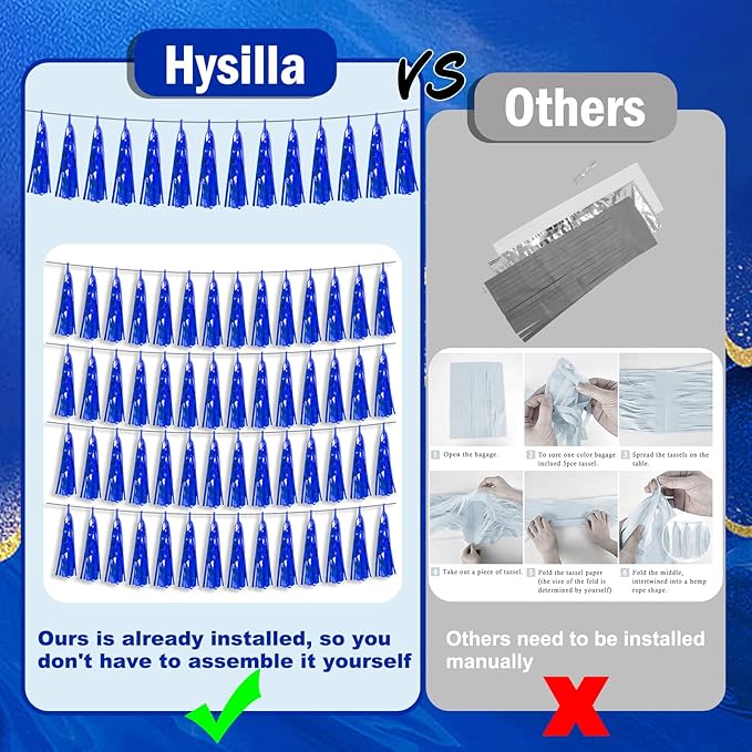 4P Blue Foil Fringe Metallic Tassel Streamers Banner Tassel Garland for Parade Floats, Bachelorette, Wedding, Birthday, Halloween, Christmas, Bridal/Baby Shower Party Decorations