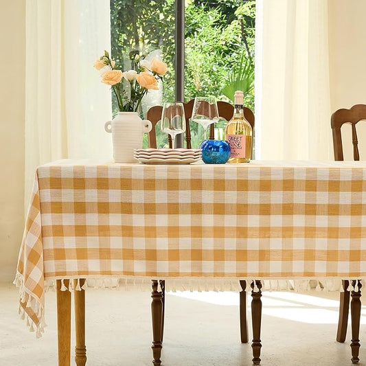 Table Cloth Rectangle Table-Rustic Gingham Tablecloth Buffalo Plaid Table Cloth for Spring Summer Easter Thanksgiving Picnic Kitchen Dining Room (55x70 Inch,Yellow and White)