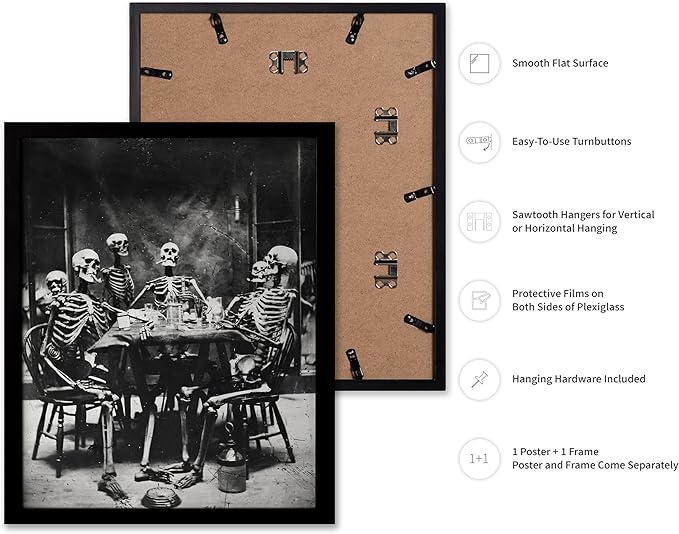 Poster Master Vintage Photograph Poster - Retro Daguerreotype Print - Gift for Artist, Friend - Skeletons Smoking at Table, Dinner Party, Goth - Wall Decor for Home, Dorm, 16x20 Black Framed