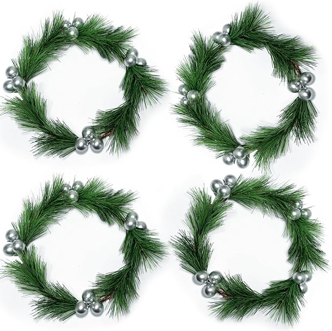 4pcs Christmas Candle Rings Wreaths Artificial Silver Berries Greenery Pine Needles Garland Christmas Wreath Candle Rings Holder for Wedding Christmas Table Centerpiece Home Dinner Table Décor