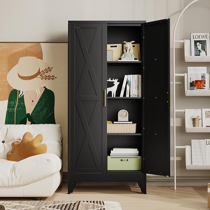 61" H Metal Kitchen Pantry Storage Cabinet, Freestanding Cupboard with 2 Doors and 3 Adjustable Shelves, Standing Storage for Kitchen, Bathroom, Garage, Dinning Room or Utility Room（Black）