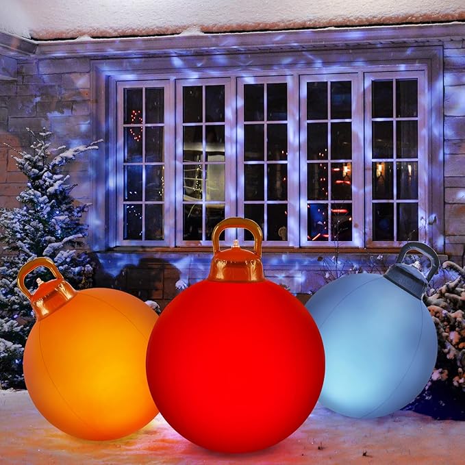 Jetec 3 Pcs Outdoor Light Up Christmas Ball Decorations Large Christmas Inflatable PVC Decorated Balls with Light 24 Inch,18 Inch Xmas Ornaments for Yard Lawn Porch (Red, Gold, Silver)